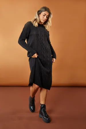 Black Cabled Knit Oversized Midi Dress - Susan