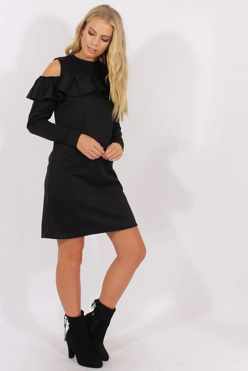 Black Cold Shoulder Frill Layer Swing Dress - Megan