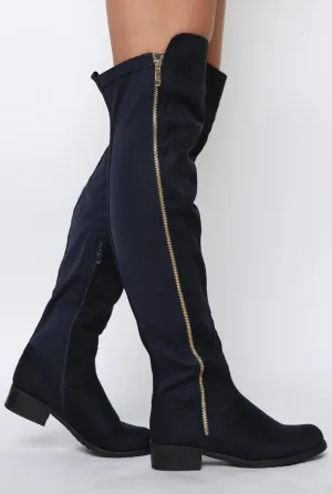 Blue Suede Zip Detail Flat Over The Knee Boots - Vanessa