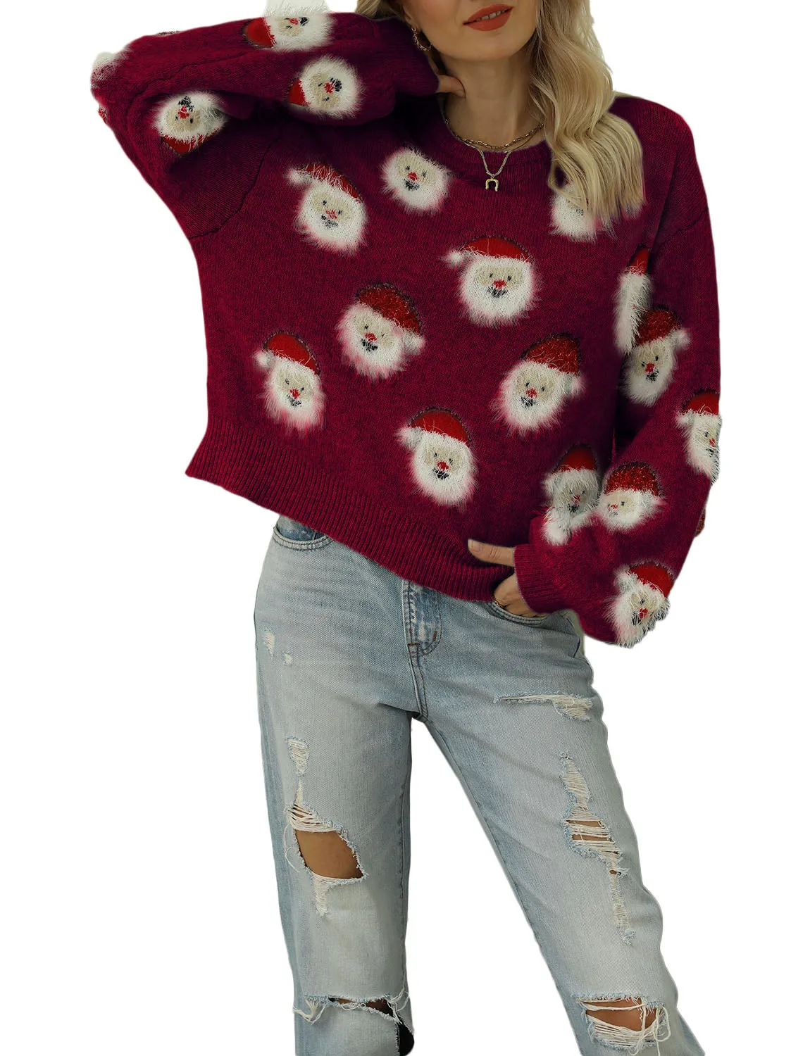 iB-iP Women's Casual Christmas Top Santa Claus Long Sleeve Pullover Sweater