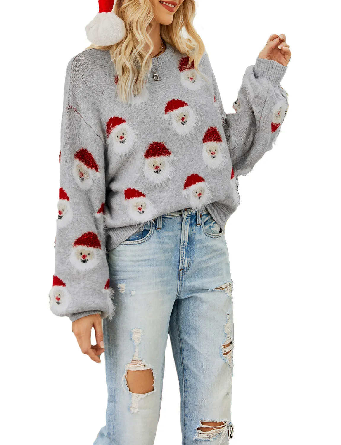 iB-iP Women's Casual Christmas Top Santa Claus Long Sleeve Pullover Sweater