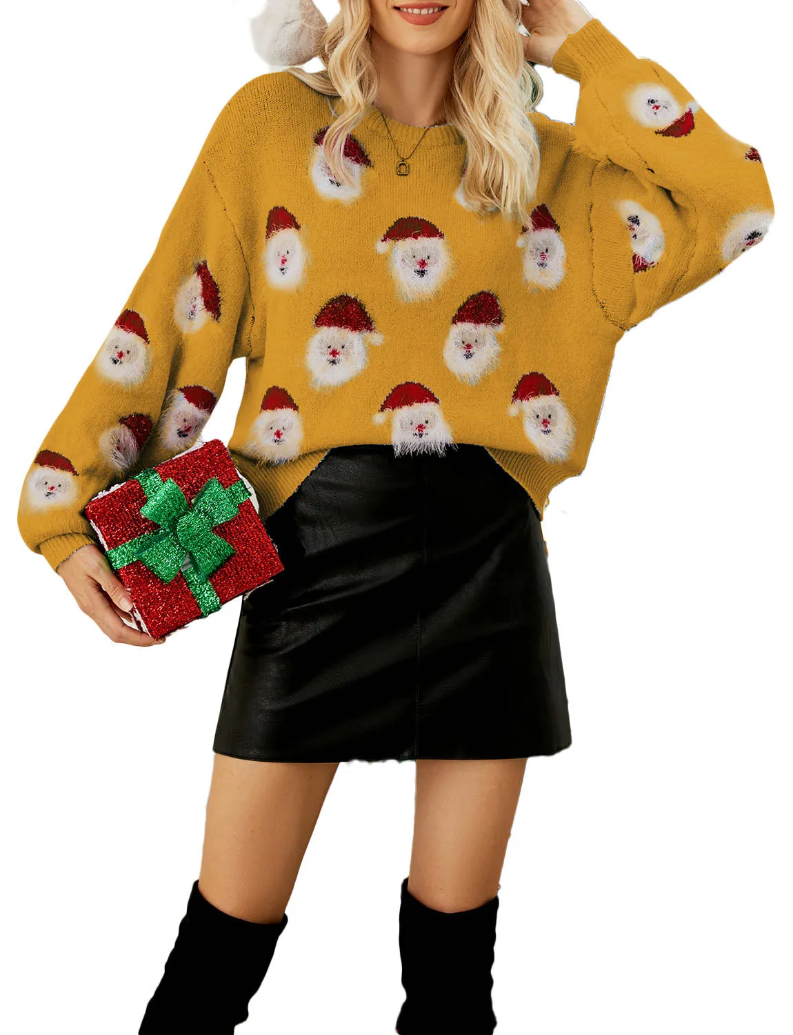 iB-iP Women's Casual Christmas Top Santa Claus Long Sleeve Pullover Sweater