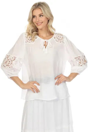 Women's Casual Resort Wear Scoop Neck Crochet Trim ¾ Sleeve Tunic Top with Tassel Drawstring