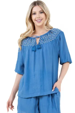 Women's Casual Resort Wear Scoop Neck Embroidered Trim 3/4 Sleeve Tunic Top with Tassel Drawstrings